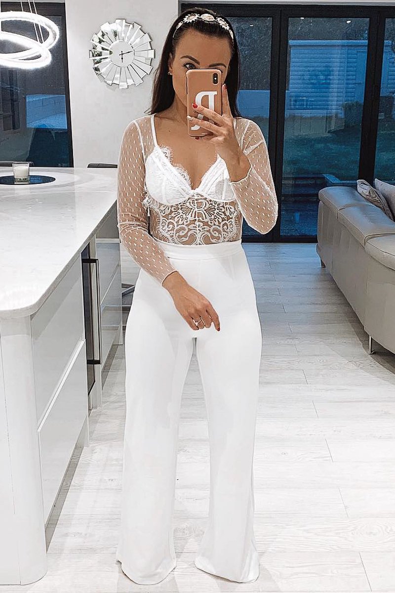 White Dobby Mesh Low Cut Bodysuit - Tamara-Bodysuits