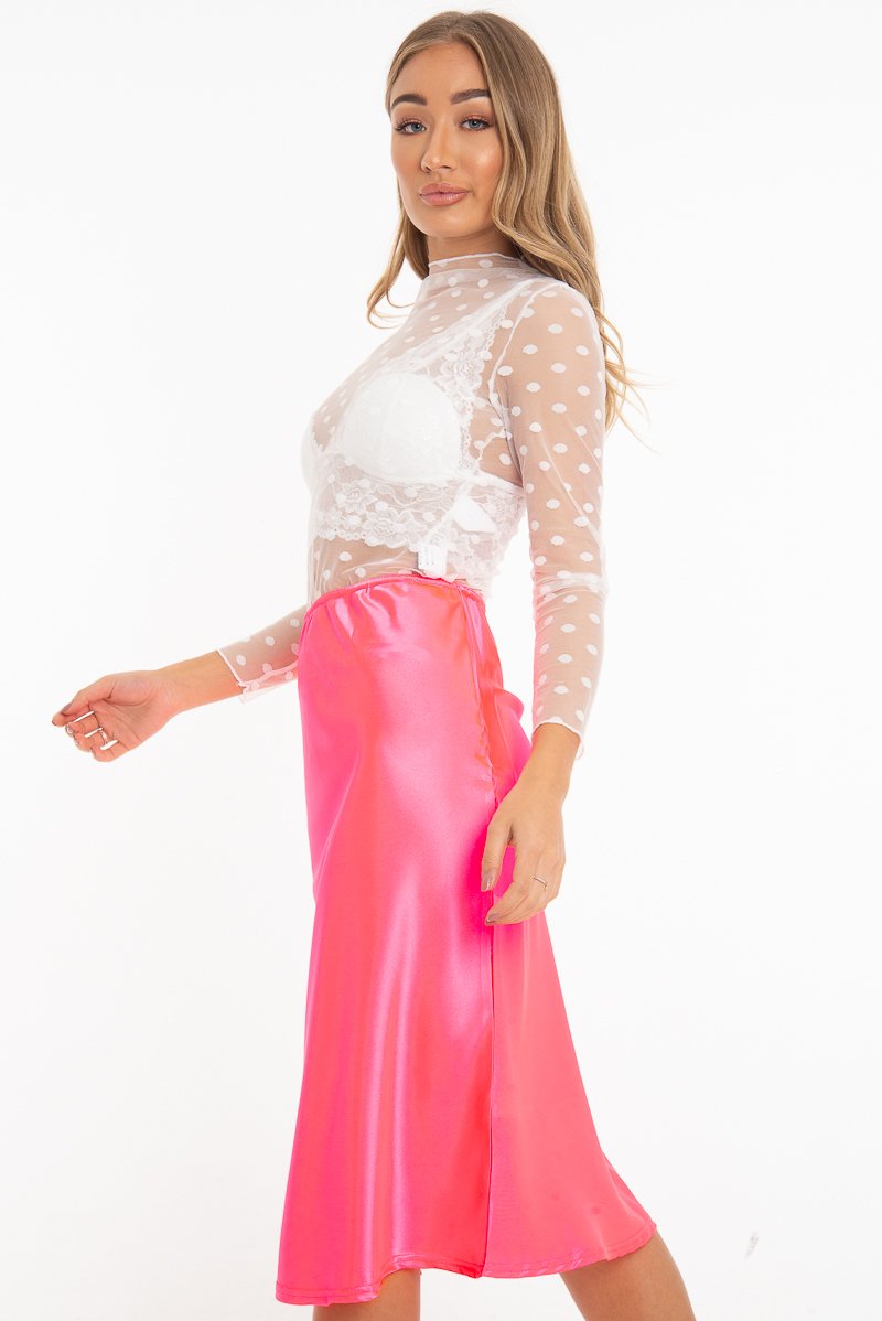 White Dot Mesh High Neck Long Sleeve Top - Shine-Tops