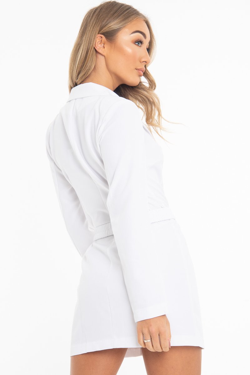 White Double Breasted Button Front Belted Blazer - Enya-Blazers