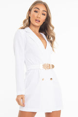 White Double Breasted Button Front Belted Blazer - Enya-Blazers