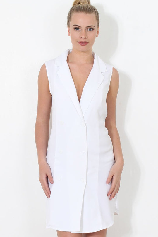 White Double Breasted Sleeveless Dress -Meg