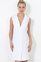 White Double Breasted Sleeveless Dress -Meg-Dresses