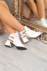 White Double Buckle Silver Stud Block Heel Boots - Bridie-Boots