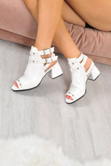 White Double Buckle Silver Stud Block Heel Boots - Bridie-Boots