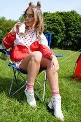 White Double Buckle Silver Stud Block Heel Boots - Bridie-Boots