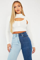 White Double Layer High Neck Crop Top - Mahani-Crop Tops