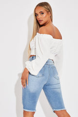 White Elasticated Bardot Crop Top - Amelia-Tops