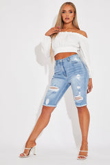 White Elasticated Bardot Crop Top - Amelia-Tops