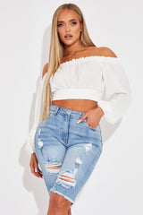 White Elasticated Bardot Crop Top - Amelia-Tops
