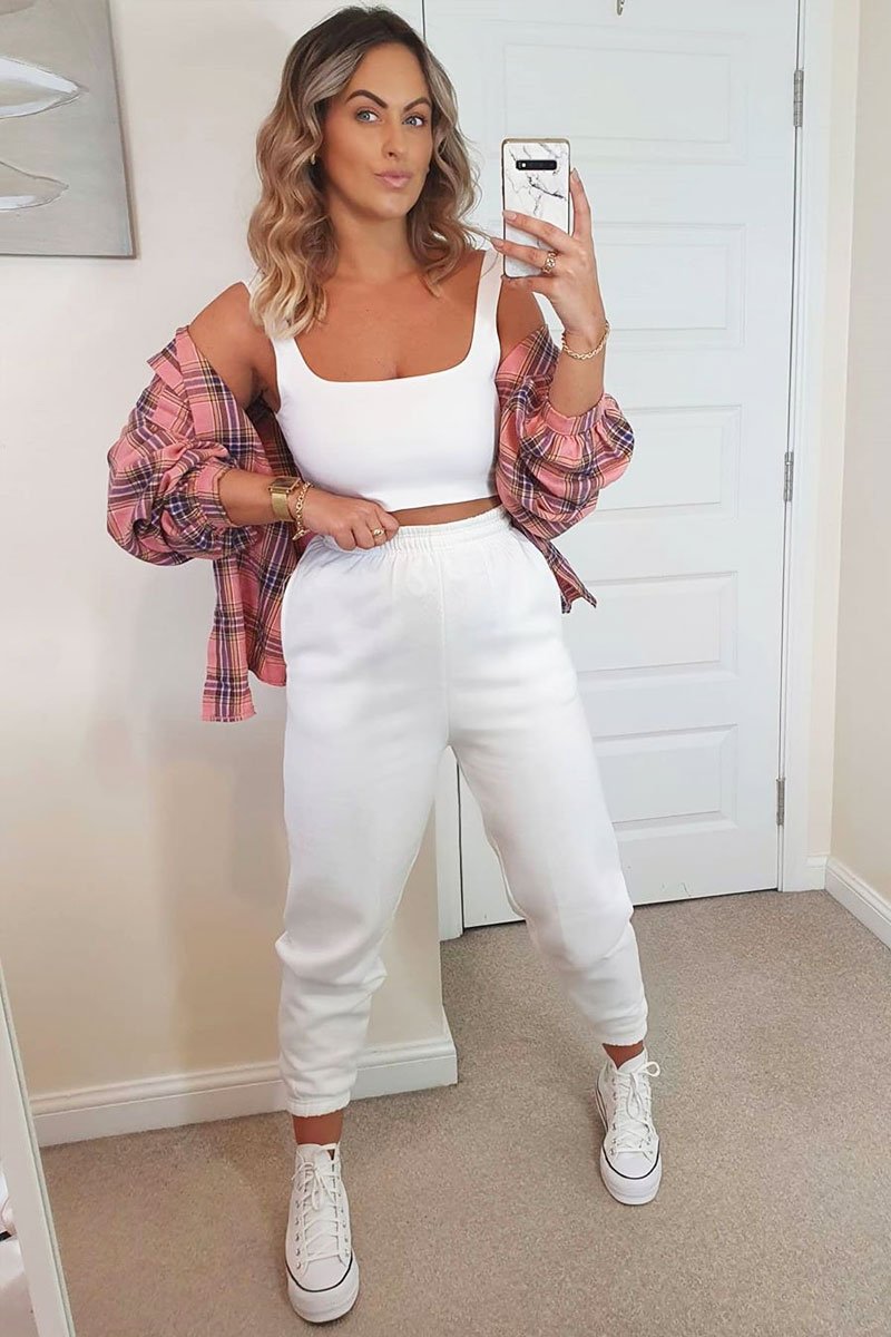White Elasticated Tie Waist Joggers - Kamella-Joggers