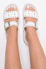 White Embellished Buckle Sandals - Evian-Sandals