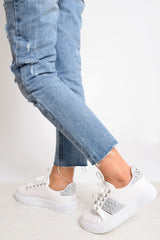 White Embellished Stud Platform Trainers - Aariel-Trainers