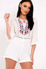 White Embroided Frill Hem Playsuit - Novia-Playsuits