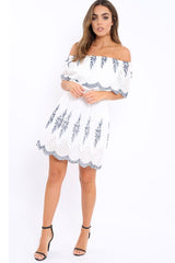 White Embroidered Bardot Dress - Lottie-Dresses
