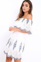 White Embroidered Bardot Dress - Lottie-Dresses