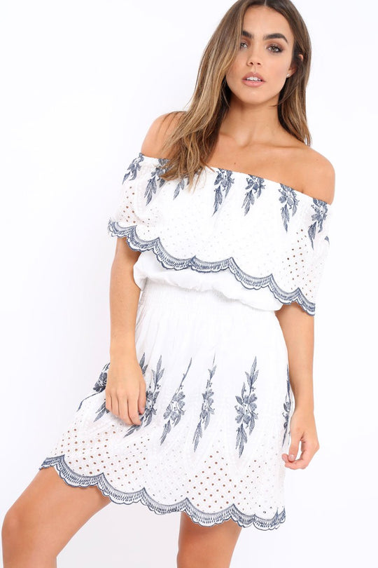 White Embroidered Bardot Dress - Lottie