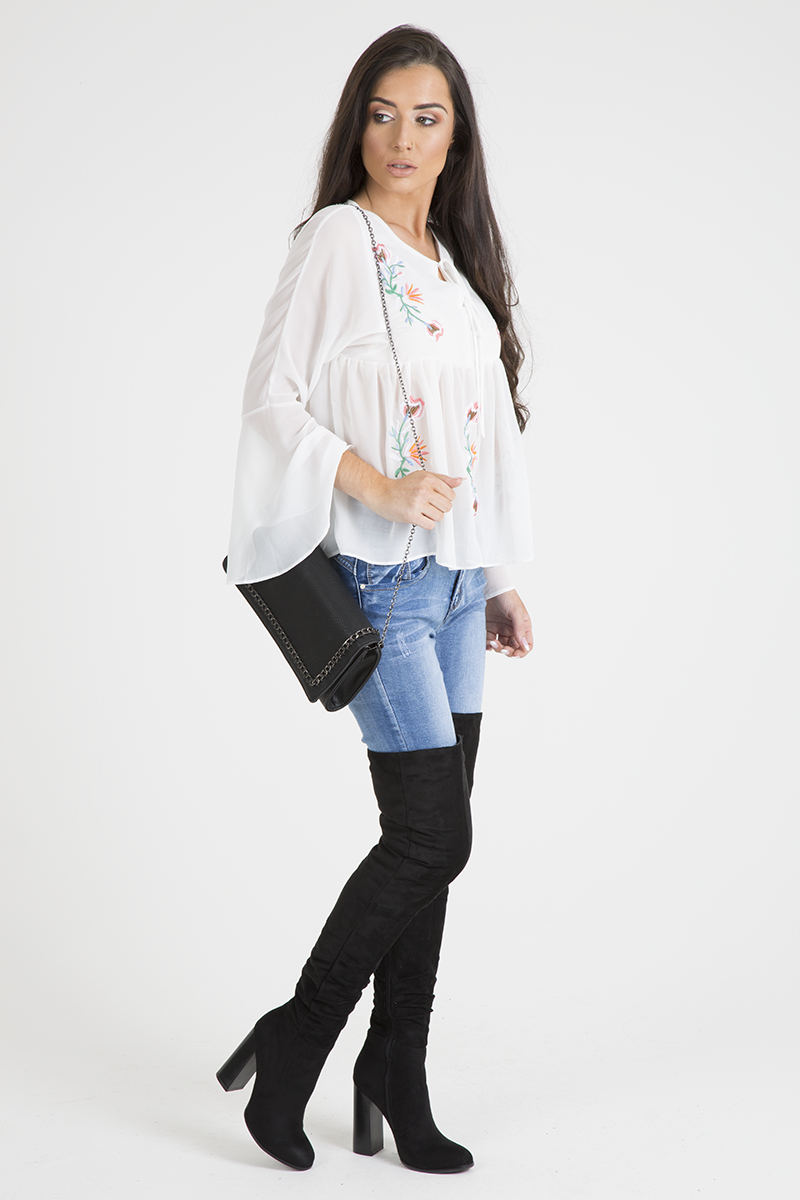 White Embroidered Bell Sleeve Blouse - Felicia-Blouses