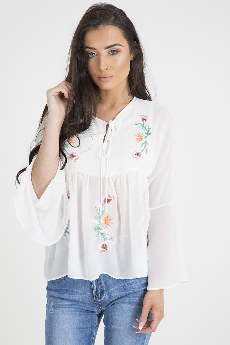 White Embroidered Bell Sleeve Blouse - Felicia-Blouses