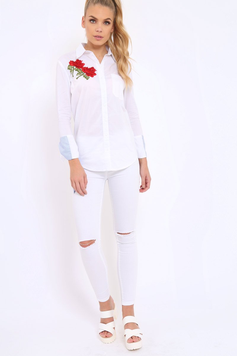 White Embroidered Bell Sleeve Shirt - Tamra-Shirts
