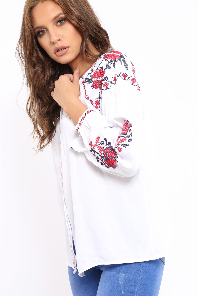 White Embroidered Blouse - Gabbie-Tops