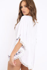 White Embroidered Crochet Trim Kaftan - Kayda-Tops