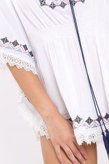 White Embroidered Crochet Trim Kaftan - Kayda-Tops