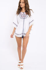 White Embroidered Crochet Trim Kaftan - Kayda-Tops