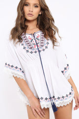 White Embroidered Crochet Trim Kaftan - Kayda-Tops