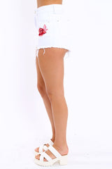White Embroidered Demin Shorts - Leo-Shorts