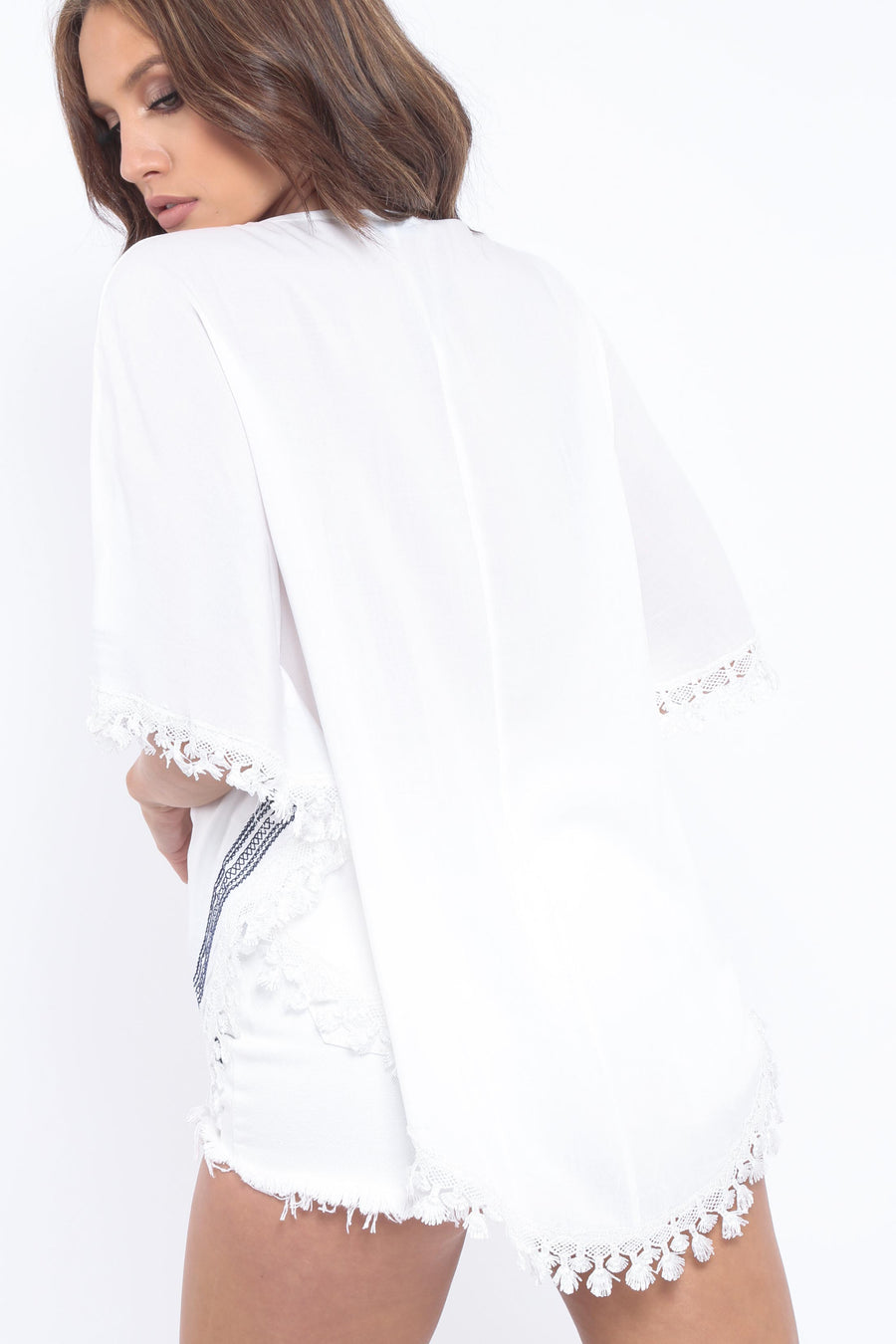 White Embroidered Diamante Shape Kaftan - Kay-Dresses