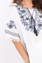 White Embroidered Diamante Shape Kaftan - Kay-Dresses