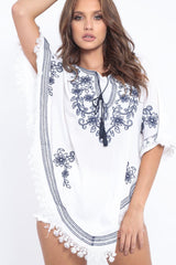 White Embroidered Diamante Shape Kaftan - Kay-Dresses