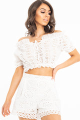 White Embroidered Flower Tie Front Crop Top - Garner-Crop Tops