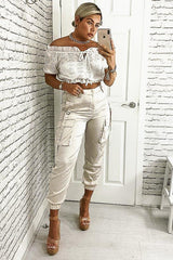 White Embroidered Flower Tie Front Crop Top - Garner-Crop Tops