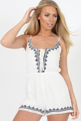 White Embroidered Fringe Playsuit - Kinsley-Playsuits