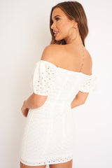 White Embroidered Milkmaid Lace Up Detail Dress - Yaribeth-Dresses
