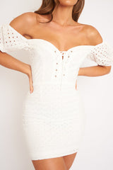 White Embroidered Milkmaid Lace Up Detail Dress - Yaribeth-Dresses