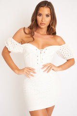 White Embroidered Milkmaid Lace Up Detail Dress - Yaribeth-Dresses