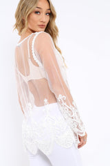 White Embroidered Sheer Mesh Top - Cher-Tops