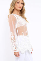 White Embroidered Sheer Mesh Top - Cher-Tops