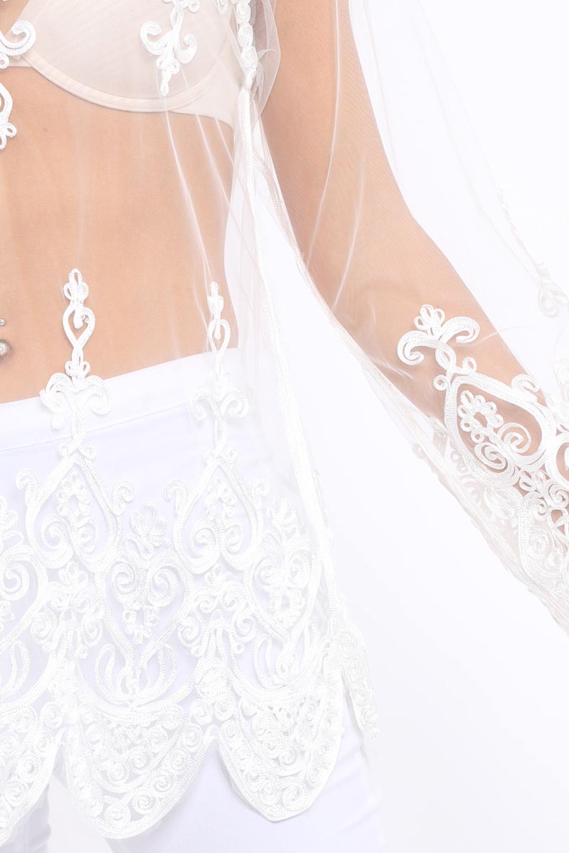 White Embroidered Sheer Mesh Top - Cher-Tops