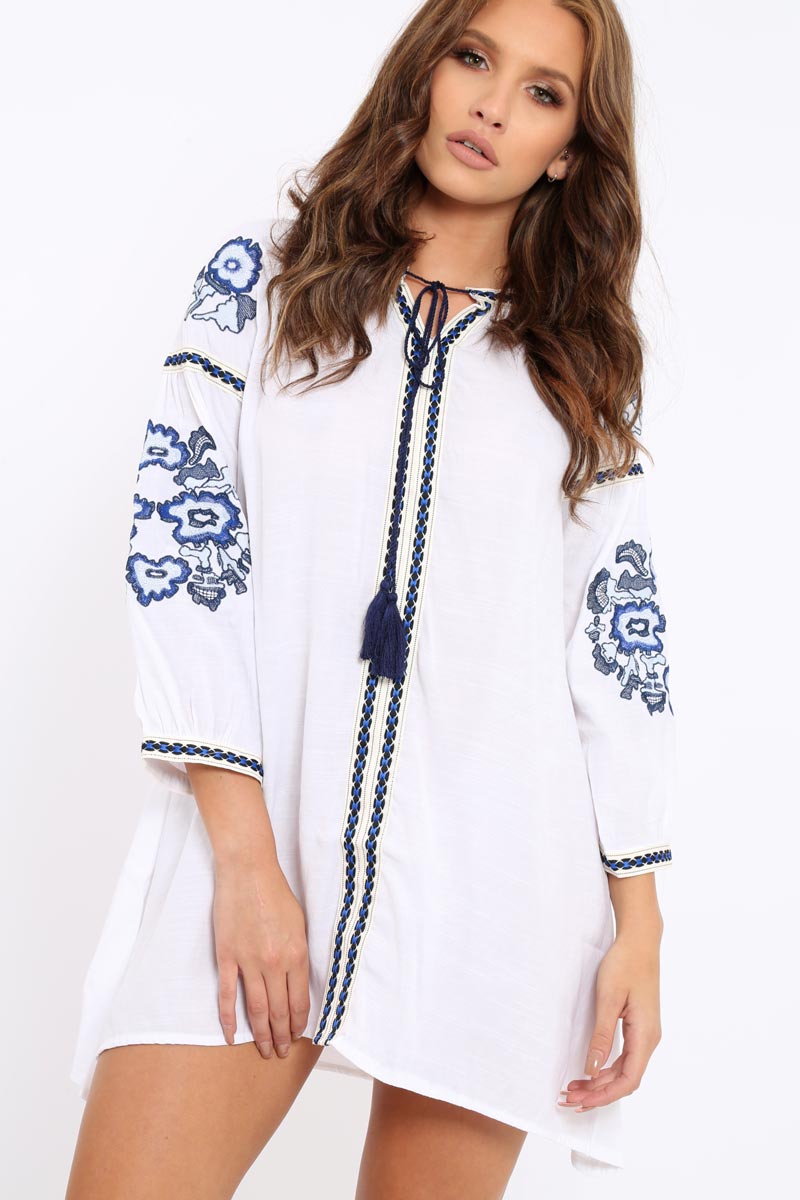 White Embroidered Shirt Dress - Nikki-Dresses