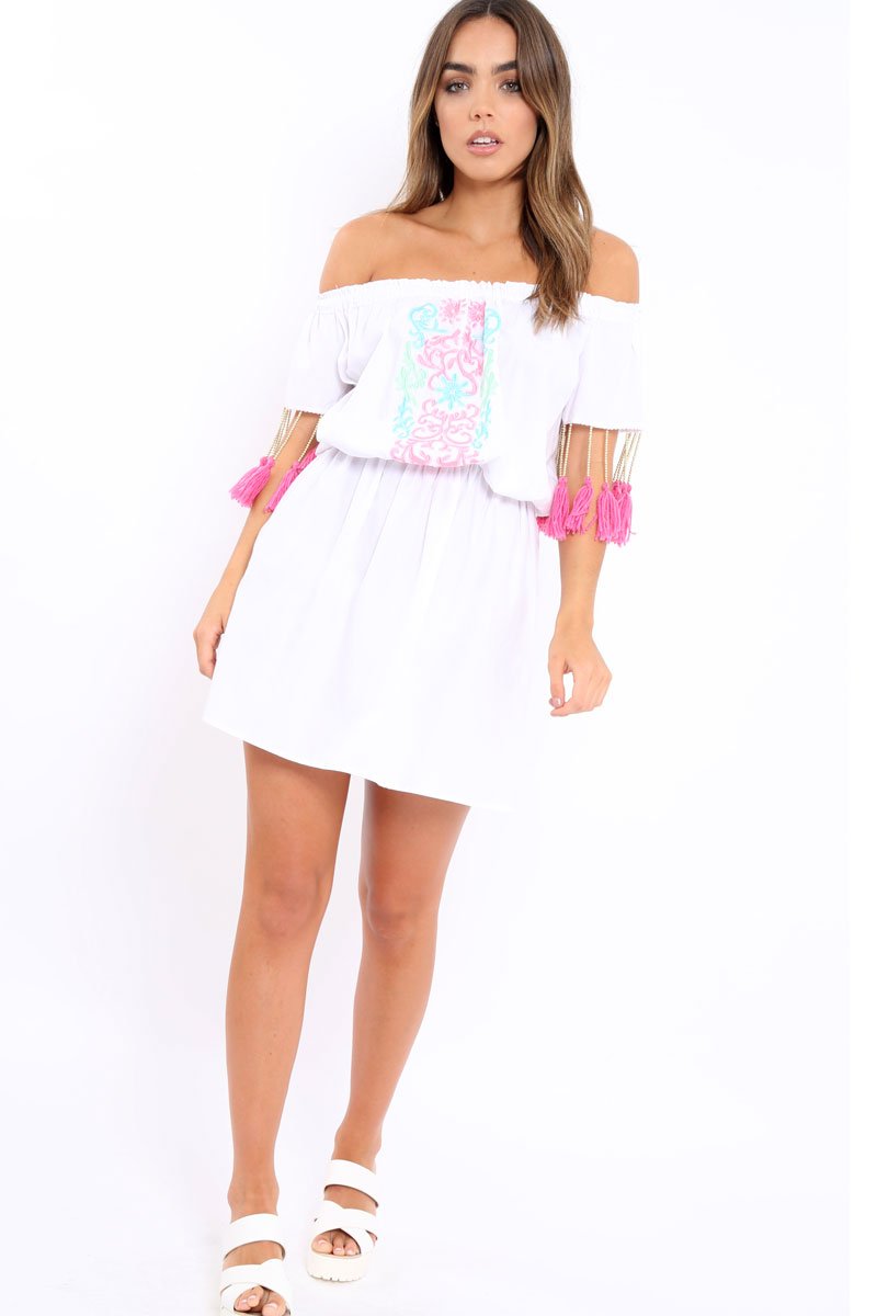 White Embroidered Tassel Bardot Dress - Monroe-Dresses