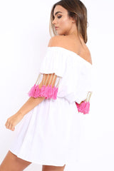 White Embroidered Tassel Bardot Dress - Monroe-Dresses