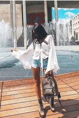 White Extreme Bell Flared Sleeved Crop Top - Natia-Tops