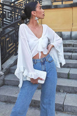 White Extreme Bell Flared Sleeved Crop Top - Natia-Tops