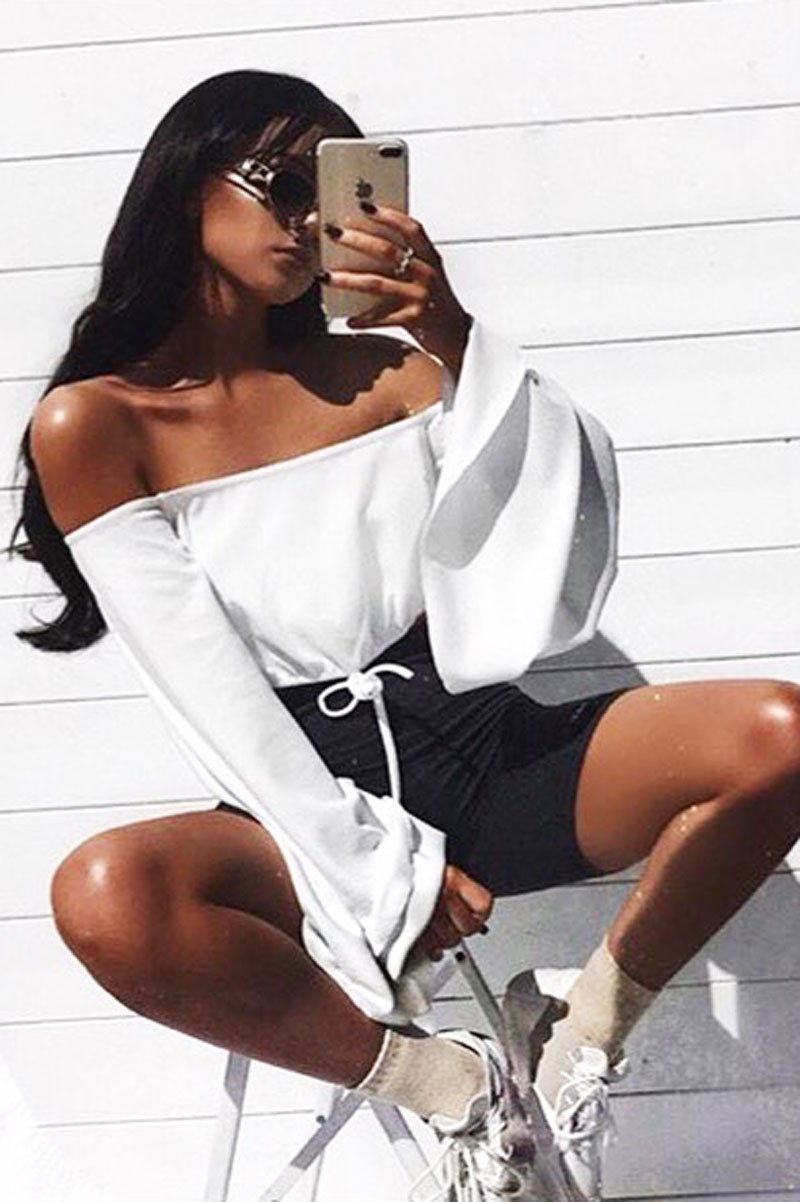 White Extreme Flared Sleeved Crop Top - Dalis-Crop Tops