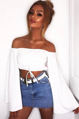 White Extreme Flared Sleeved Crop Top - Dalis-Crop Tops