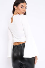 White Extreme Flared Sleeved Embroidery Crop Top - Talisa-Tops