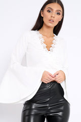 White Extreme Flared Sleeved Embroidery Crop Top - Talisa-Tops